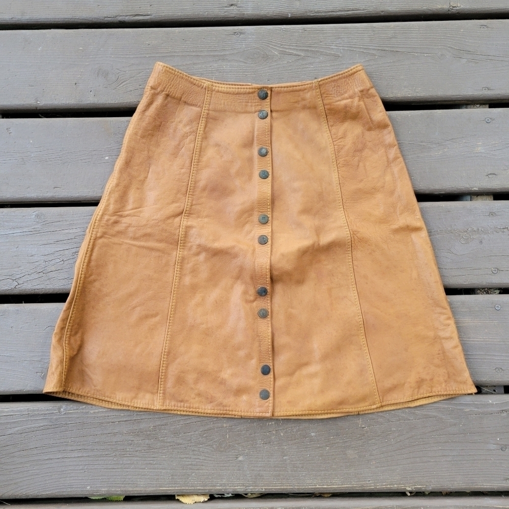 Vintage 70s Western Boho Camel‎ Tan Honey Butterscotch Leather Custom Made Skirt